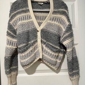 a.n.a Gray and Cream Cardigan Sweater with Fair Isle Pattern
